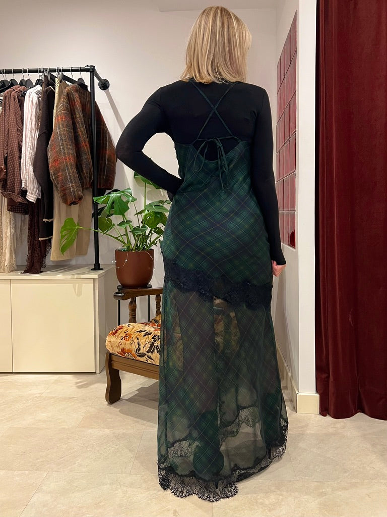 Robe longue à carreaux vert foncé & dentelle