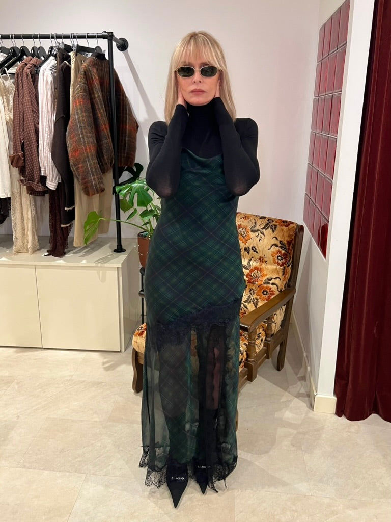 Robe longue à carreaux vert foncé & dentelle
