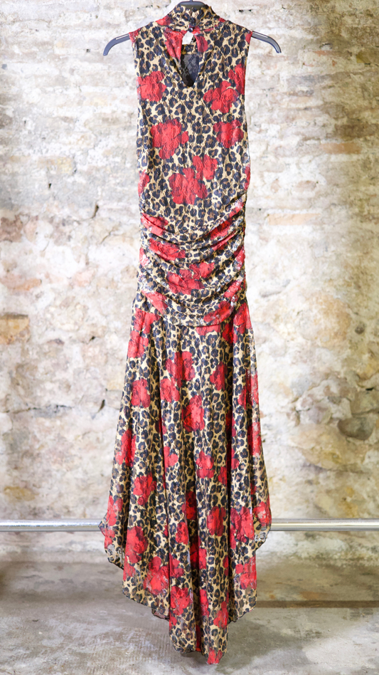 Robe longue col montant imprimé léopard et roses