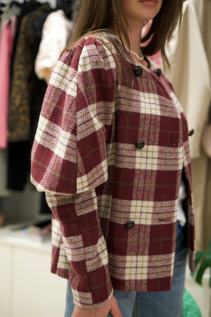 Veste courte à carreaux bordeaux