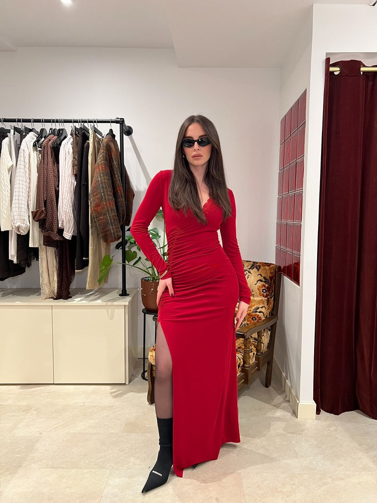 Robe longue rouge drapée