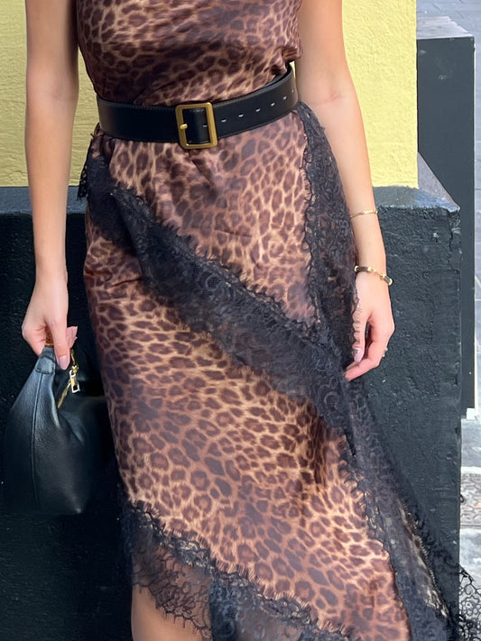 Jupe longue imprimé léopard et dentelle