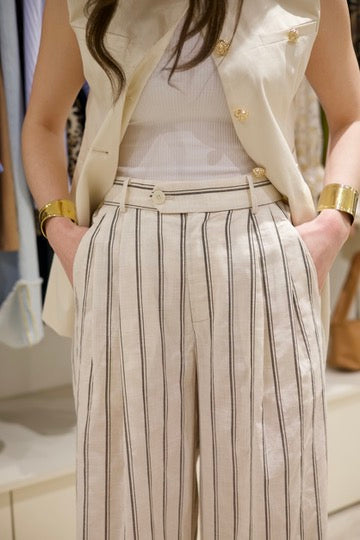 Pantalon rayé en lin et tencel
