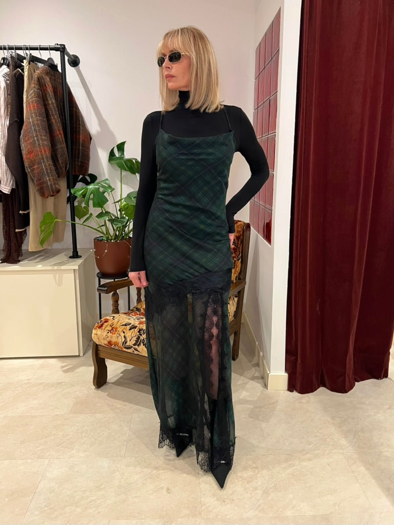 Robe longue à carreaux vert foncé & dentelle