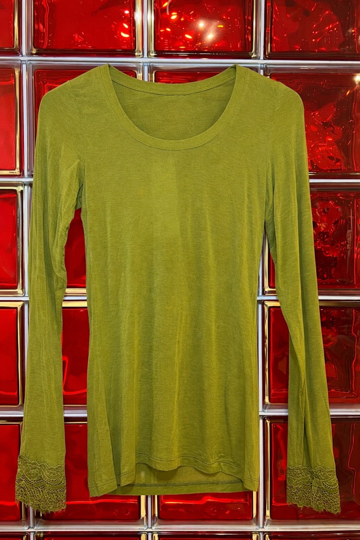 Tee-shirt manches longues col rond en coton et dentelle